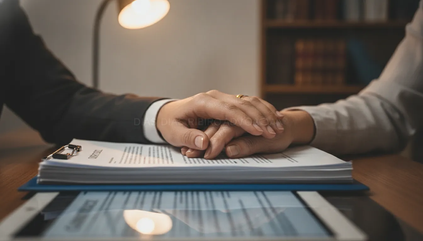 Advogado em Urussanga oferecendo suporte e confiança a cliente, mãos sobre documentos legais.