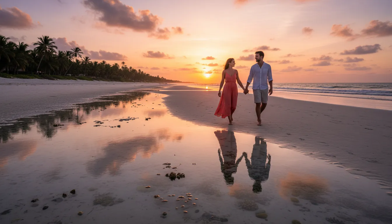 Casal aproveitando o pôr do sol em São Miguel dos Milagres viagem, com a maré baixa revelando a vida marinha.