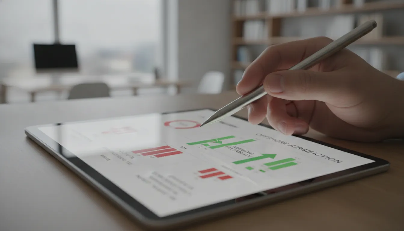 Mão aponta para tablet com gráfico comparando impostos para investir em imoveis EUA via offshore, destacando economia fiscal.
