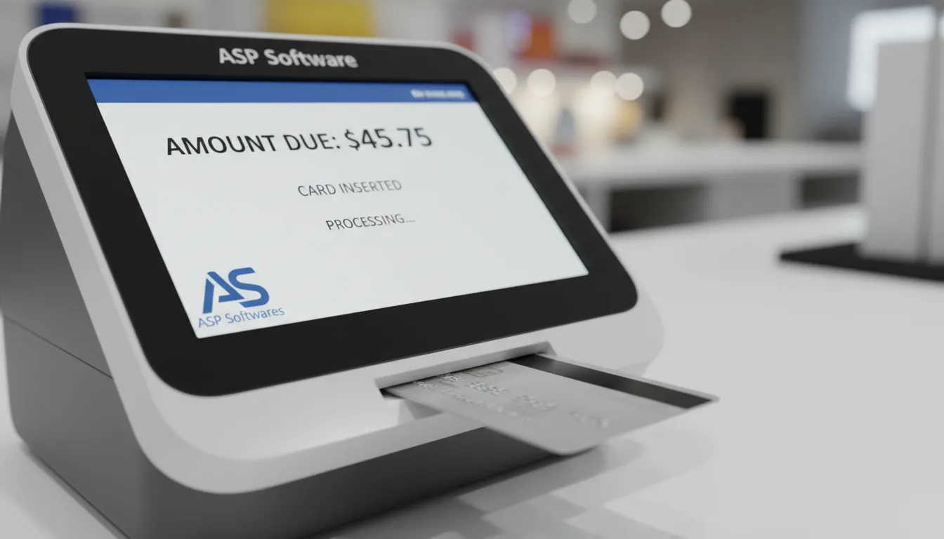 Close-up de uma maquininha de cartão moderna com um cartão de crédito sendo inserido, representando o processamento de pagamento facilitado pela ASP Softwares.
