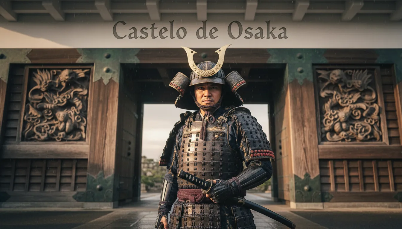 Close-up de um samurai guardando a entrada do castelo de Osaka, com a inscrição Castelo de Osaka no portão.