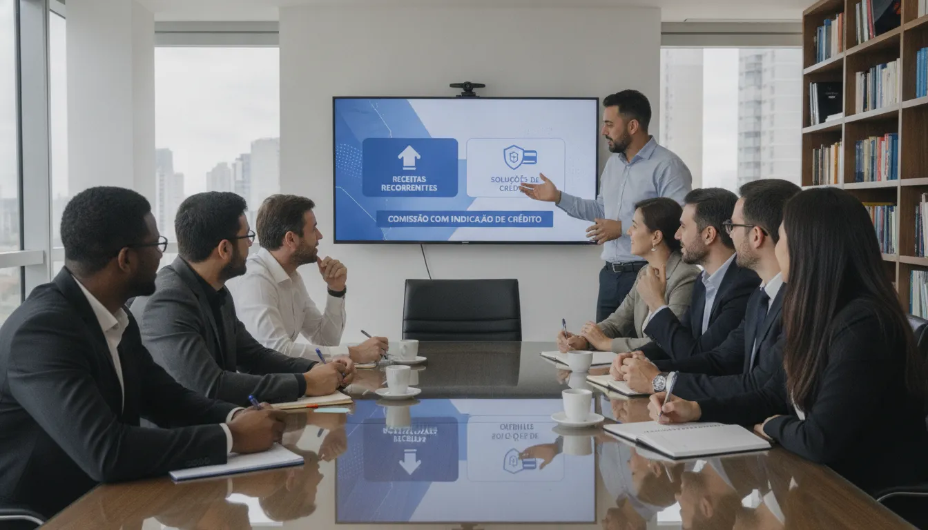 Corretores discutem apresentação Financia Tudo sobre receita recorrente e comissão com indicação de crédito.