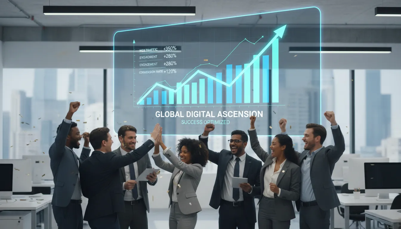 Gráfico digital mostra crescimento do tráfego web enquanto equipe celebra resultados positivos em escritório moderno.