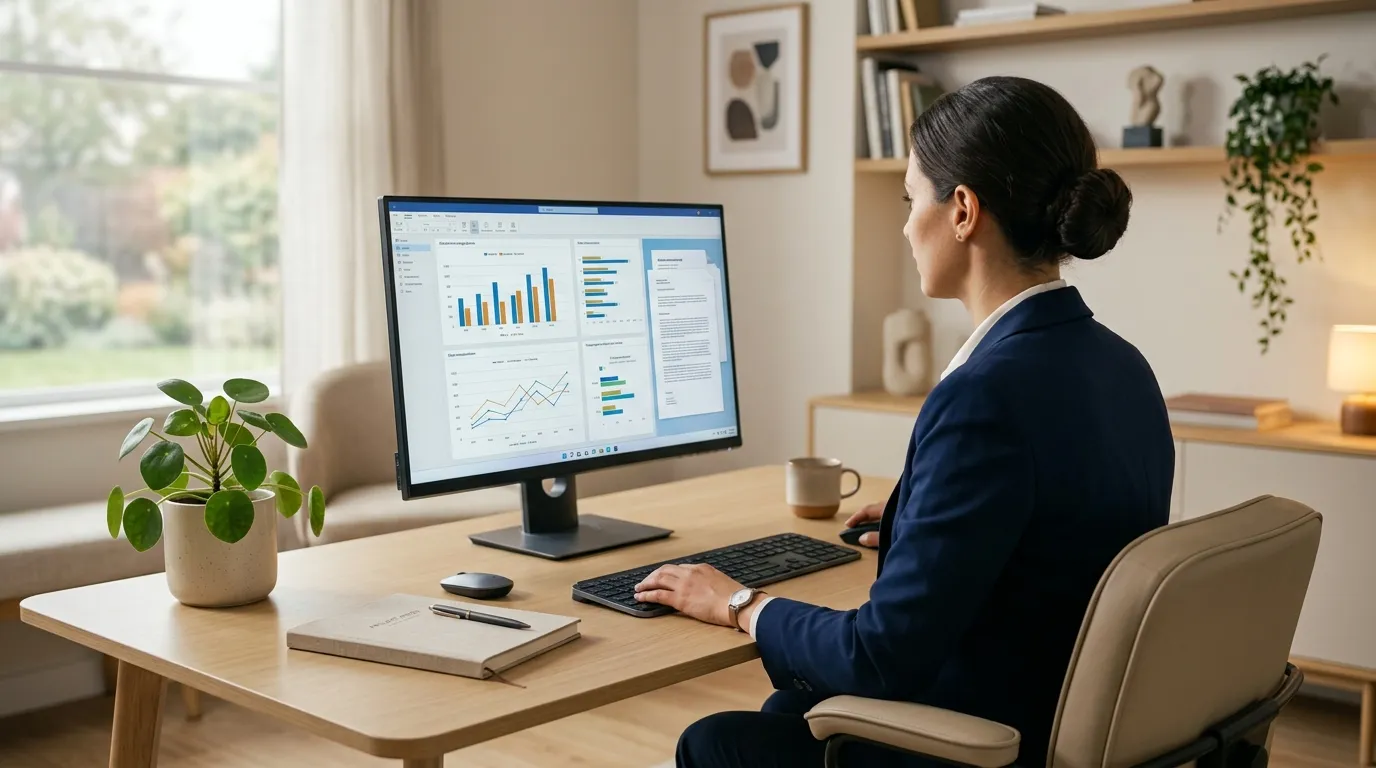 Empresária analisando dados e consultando nota fiscal comprador na tela do computador.