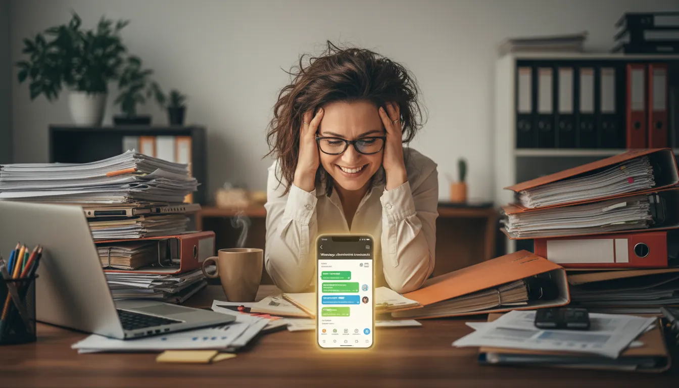 Pequeno empresário aliviado com o atendimento automatizado via WhatsApp, após organização e otimização de suas conversas.