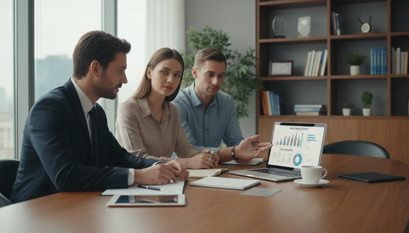 Consultor financeiro explica soluções de crédito em reunião com casal, usando gráficos em notebook.