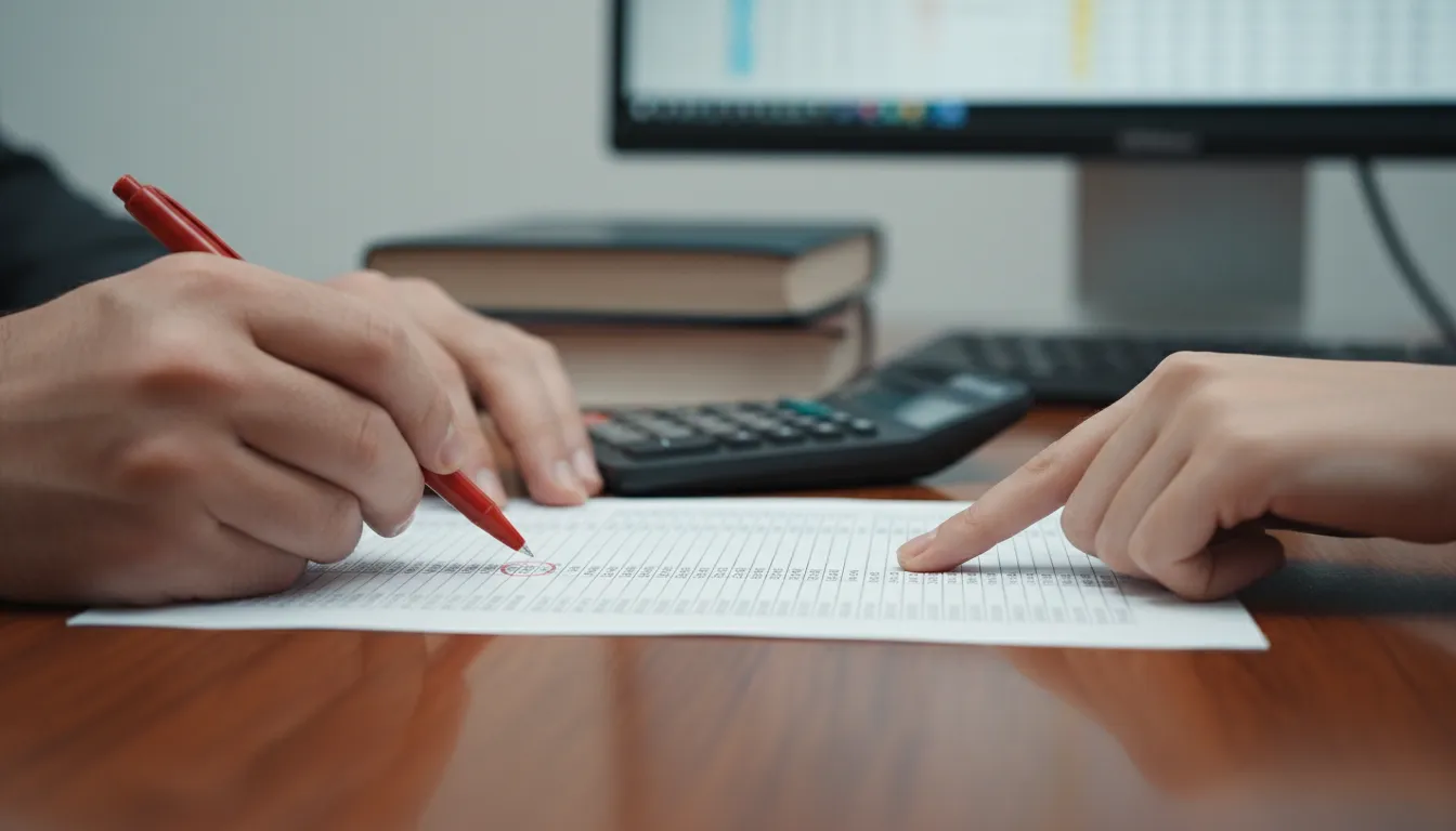 Mãos revisam detalhadamente documentos para cálculo rescisão trabalhista, assegurando precisão legal.