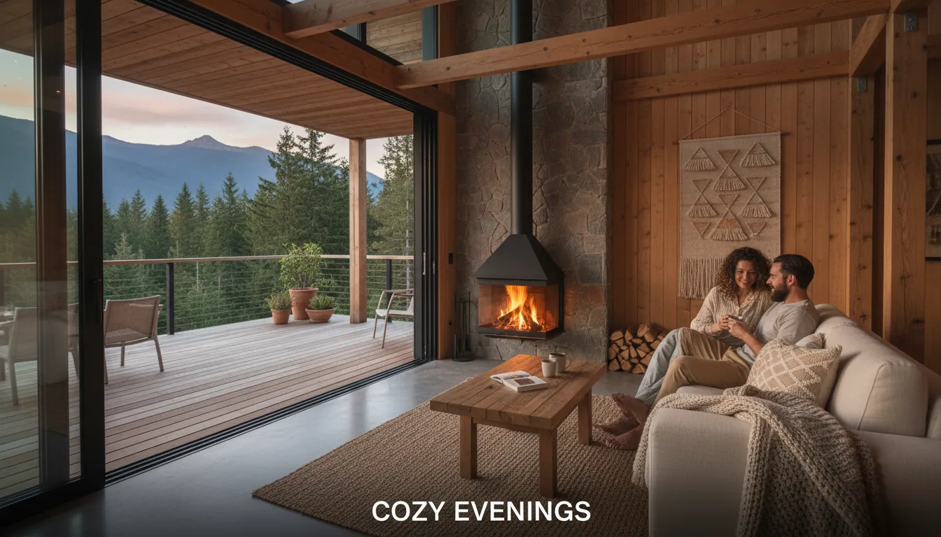 Casal apreciando lareira acesa em cabana moderna e sustentável com vista para a mata