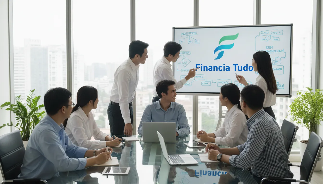 Equipe diversificada colaborando em soluções financeiras, representando o suporte e a inovação da Financia Tudo em crédito com garantia de imóvel.