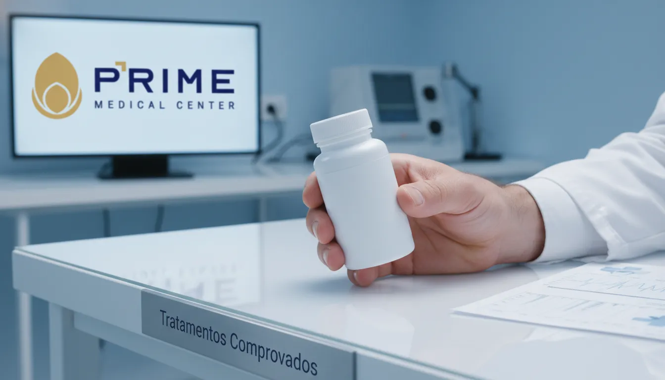 Mão masculina segurando um frasco de remédio, ilustrando tratamentos médicos comprovados para como aumentar a libido masculina.