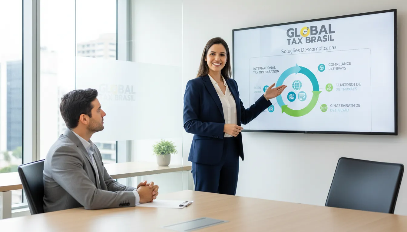 Consultor da Global Tax Brasil explicando soluções de tributação de remessas internacionais para cliente em escritório moderno.