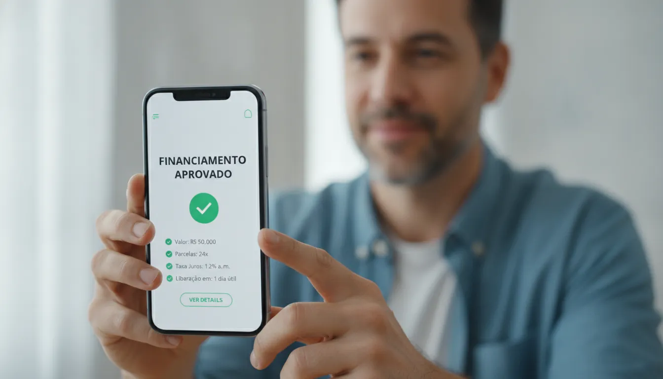 Tela smartphone mostra financiamento de caminhão para MEI aprovado. Agilidade e segurança Financia Tudo.