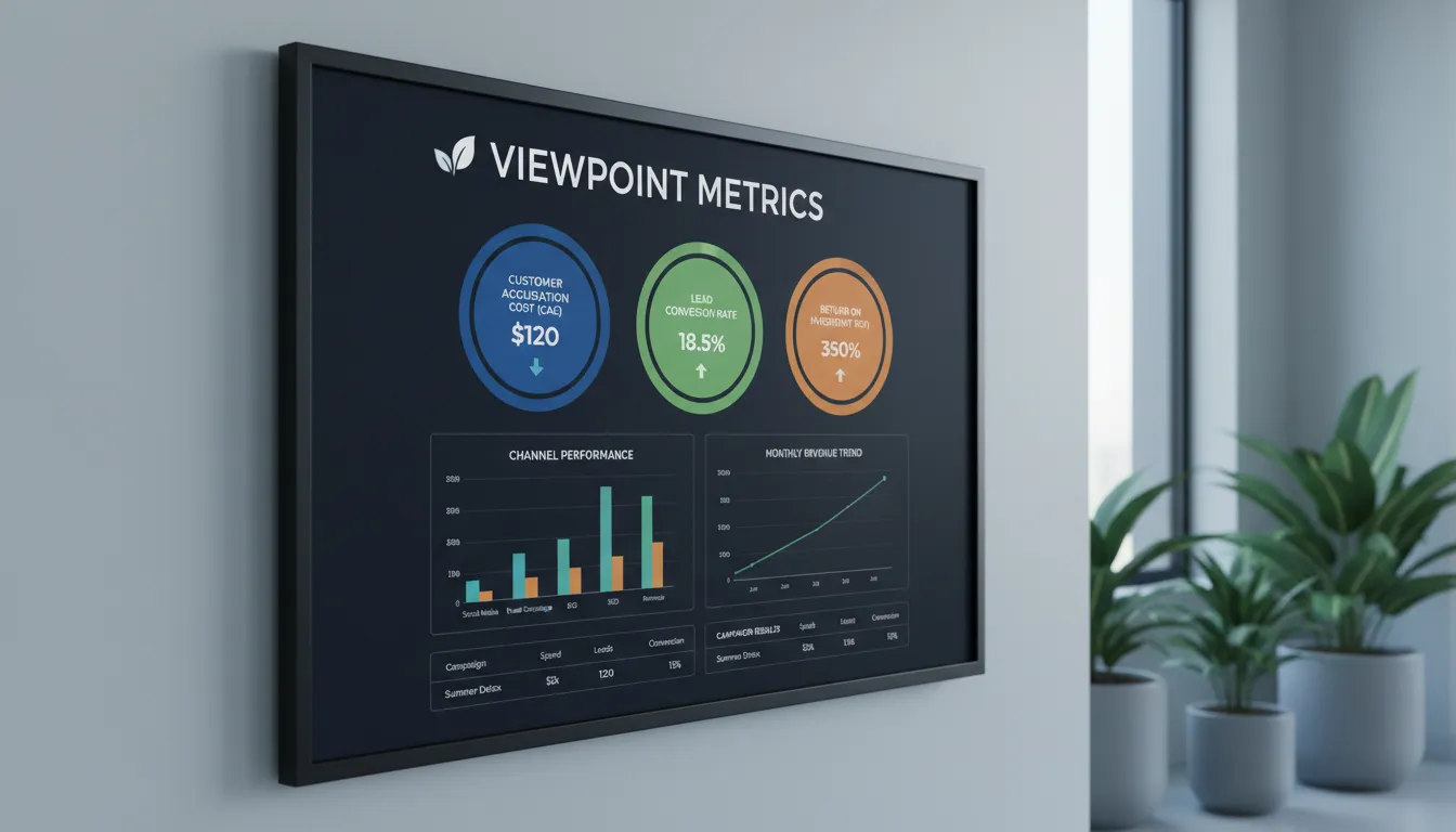 Dashboard com métricas de marketing para negócios wellness, mostrando como o whatsapp business mensagem automática pode impactar positivamente a aquisição de clientes e o ROI.
