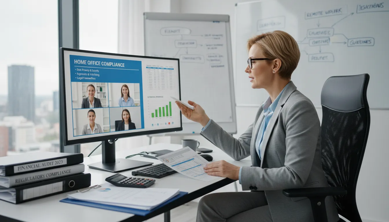 Consultor orientando equipe sobre obrigações do home office em videoconferência.