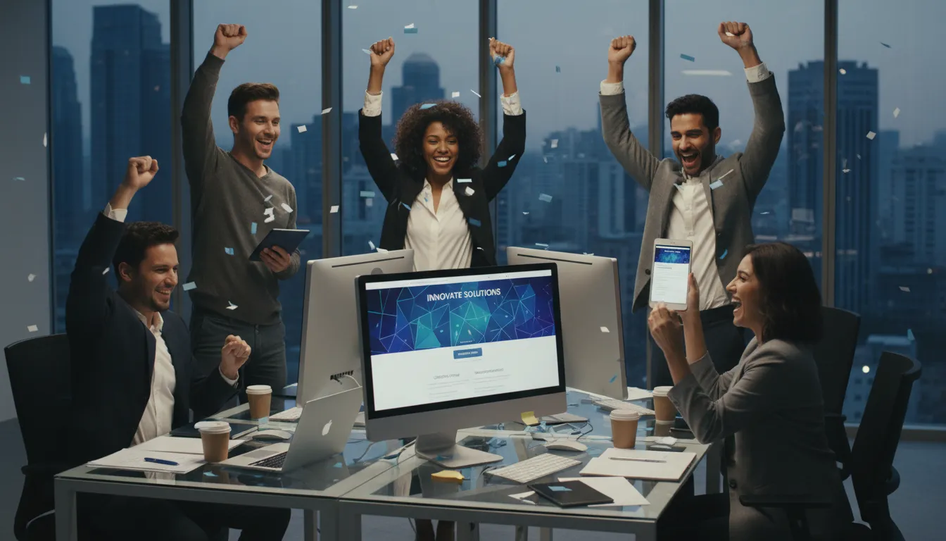 Por Que Ainda Precisa de Web Designer em 2026 (Mesmo Com IA) 3 Equipe celebrando conclusão de site personalizado, mostrando design exclusivo e inovação.