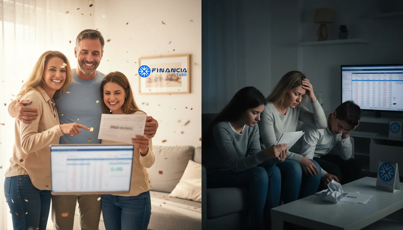 Família feliz por antecipar parcelas financiamento vale a pena versus família estressada com dívidas, mostrando a importância do planejamento.