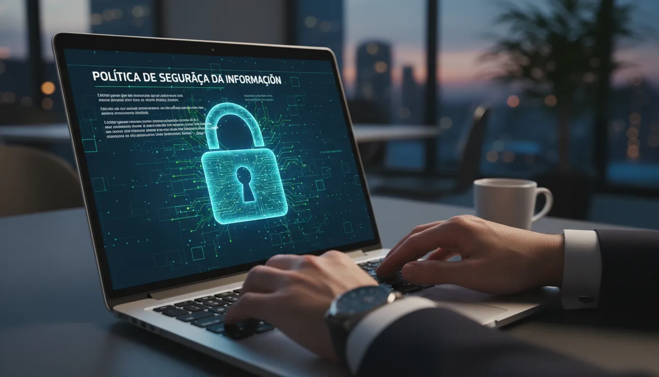 Cadeado digital na tela do laptop simboliza política de segurança da informação, protegendo dados empresariais.