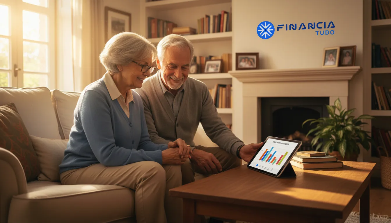 Casal idoso revisando investimentos, simbolizando segurança financeira e educação financeira crédito.