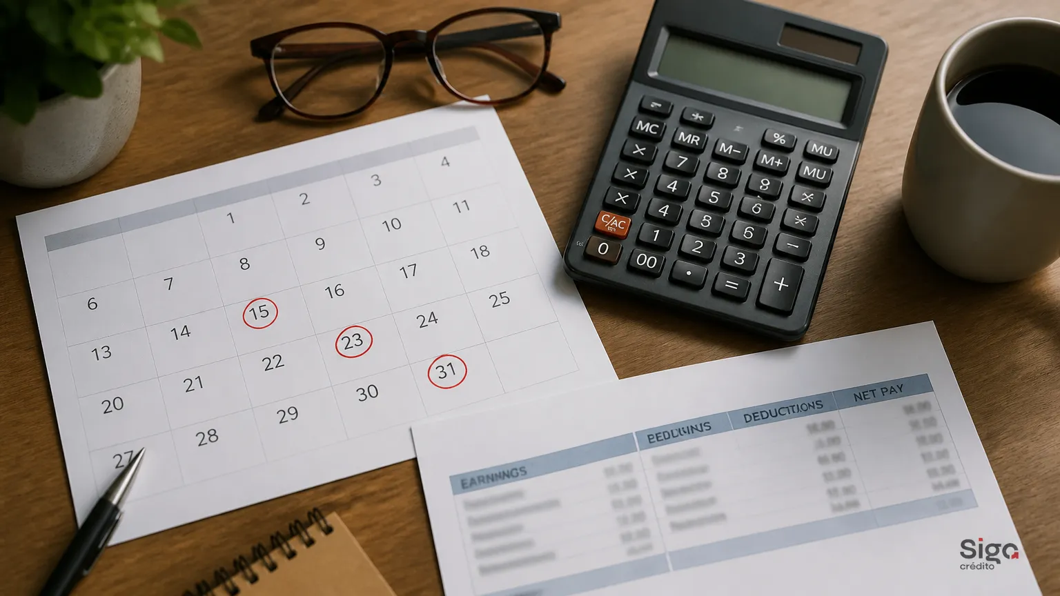 Calendário e holerite mostrando quando começa a descontar o empréstimo consignado clt.