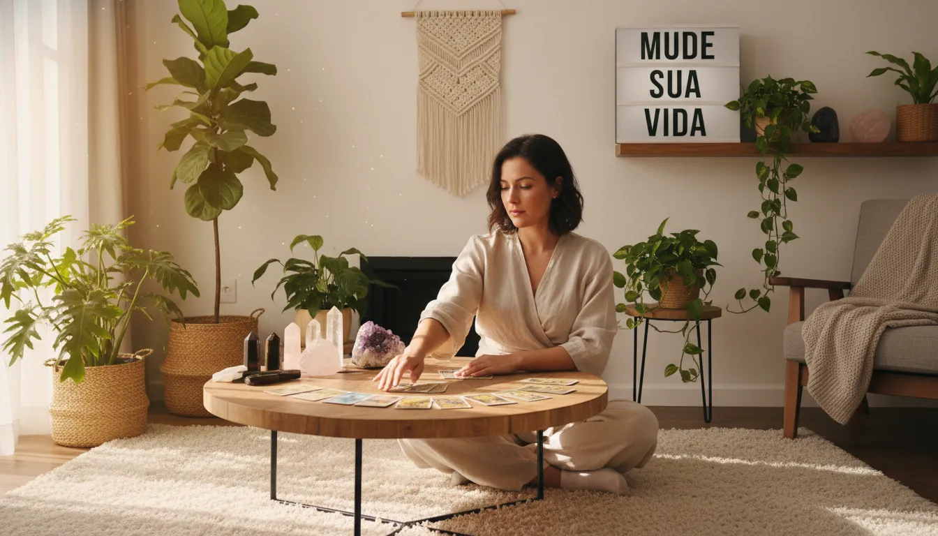 Mulher moderna utilizando cartas de tarot em sua casa. Aprenda como o tarot pode revolucionar sua vida pessoal e trazer equilíbrio.