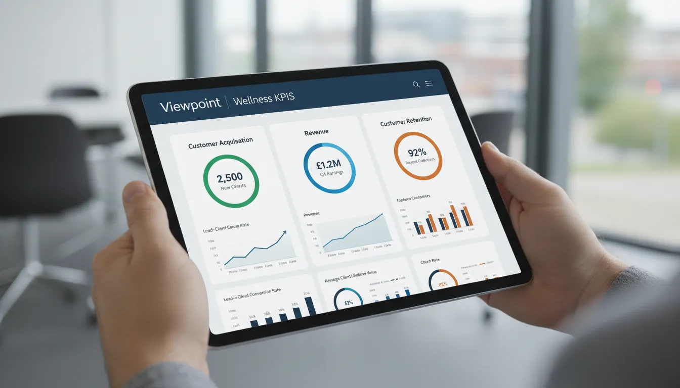Visão detalhada de um tablet exibindo um dashboard de KPIs feito pela Viewpoint Media, mostrando as métricas de aquisição de clientes de campanha de tráfego pago. Veja como fazer dashboard eficaz.