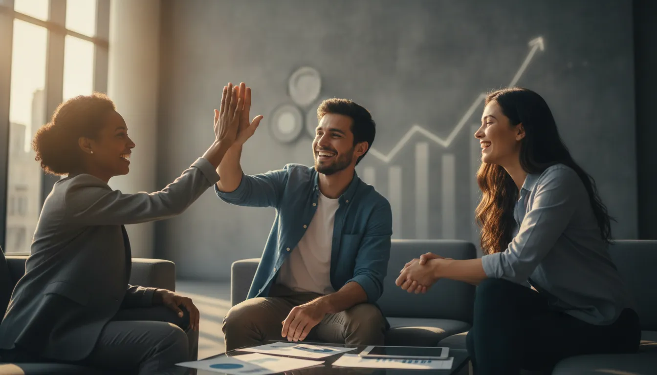 Pessoas celebrando aprovação de crédito, alcançando objetivos financeiros com alegria e alívio.