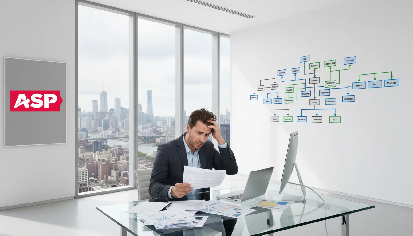 Empreendedor estressado analisando demonstrações financeiras em um escritório moderno, simbolizando as dificuldades com a substituição tributária.