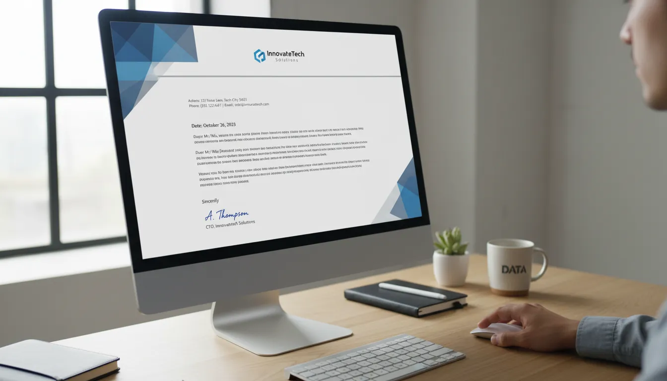 Template digital de papel timbrado com assinatura eletrônica sendo integrada em ambiente de trabalho moderno.