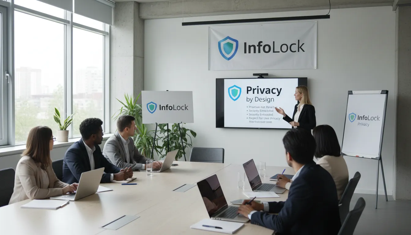 Treinamento sobre melhores práticas de privacy by design em um ambiente de escritório moderno, com banner da InfoLock ao fundo.