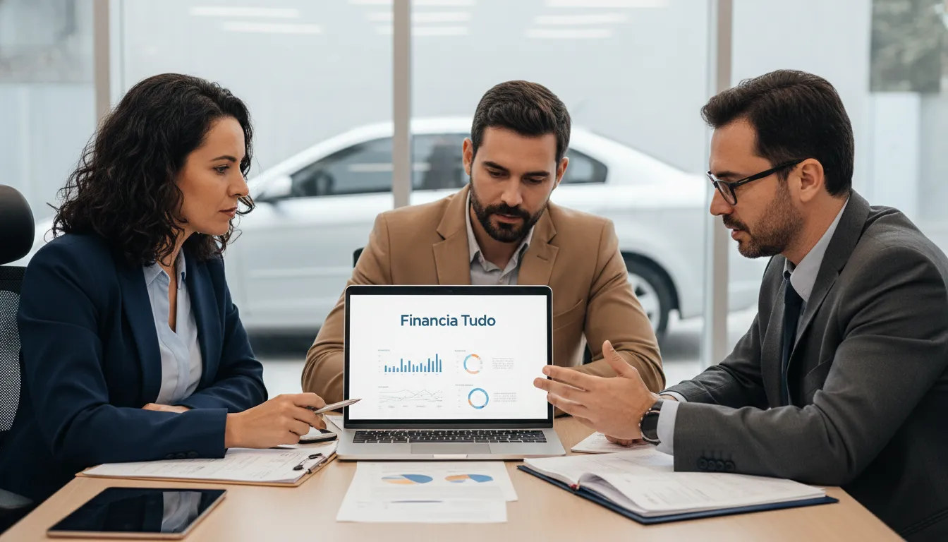 Profissionais discutem planejamento financeiro em escritório moderno, considerando crédito com automóvel em garantia empresa.