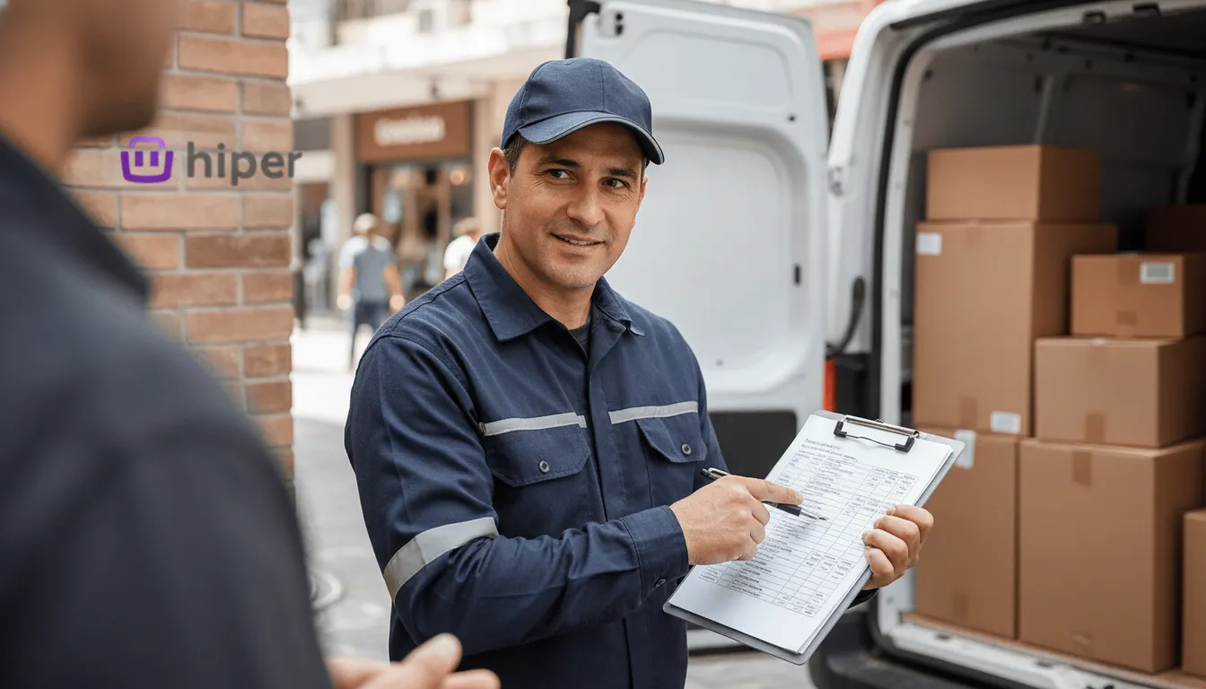 Motorista de entrega Hiper confere romaneio físico com cliente, garantindo a exatidão dos itens recebidos.