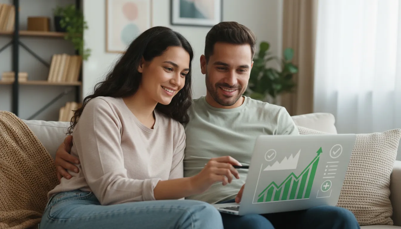Casal jovem feliz analisa finanças em laptop, mostrando sucesso com educação financeira crédito.