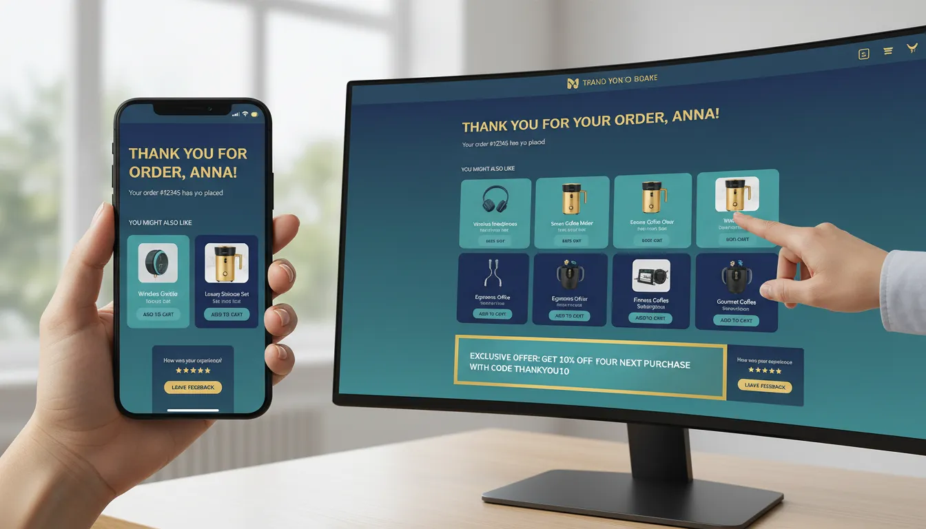 Template de Página de Agradecimento para Loja Virtual Pós-Compra 3 Página de agradecimento exibindo ofertas de upsell, CTA e solicitação de feedback em smartphone e desktop.
