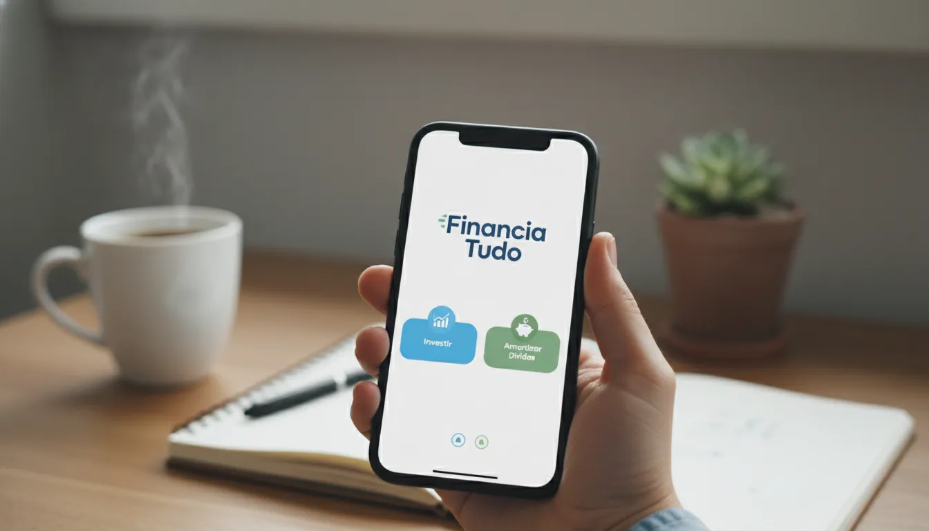 Mão usando app Financia Tudo para decidir investir ou amortizar dívidas com clareza.