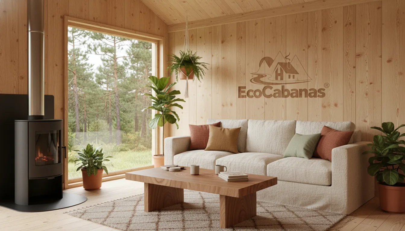 Interior aconchegante de casa sustentável de madeira, com luz natural, fogão a lenha e vista para floresta.