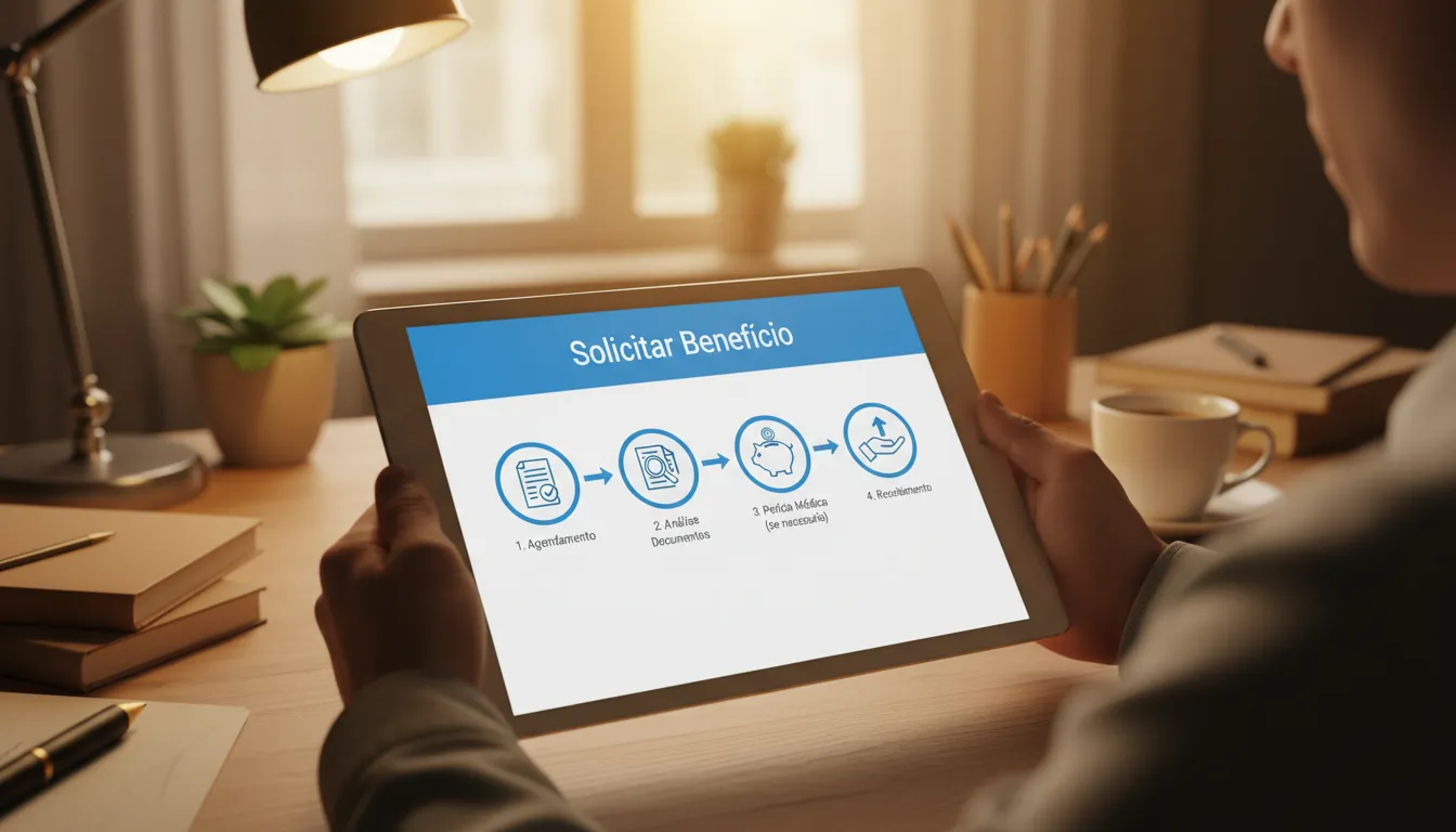 Ilustração dos passos para solicitar benefícios do INSS.