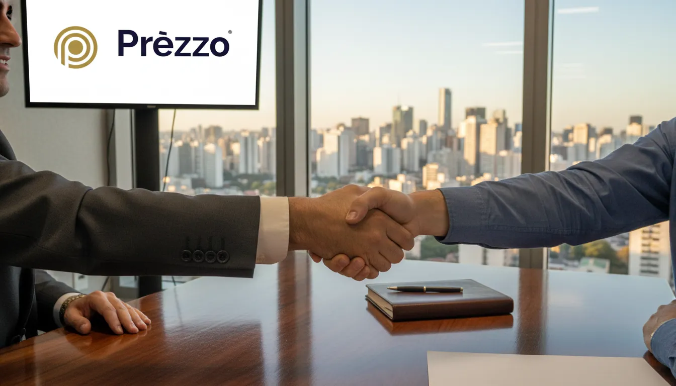 Aperto de mãos simbolizando parceria na abertura de empresa em São Paulo, com skyline ao fundo.