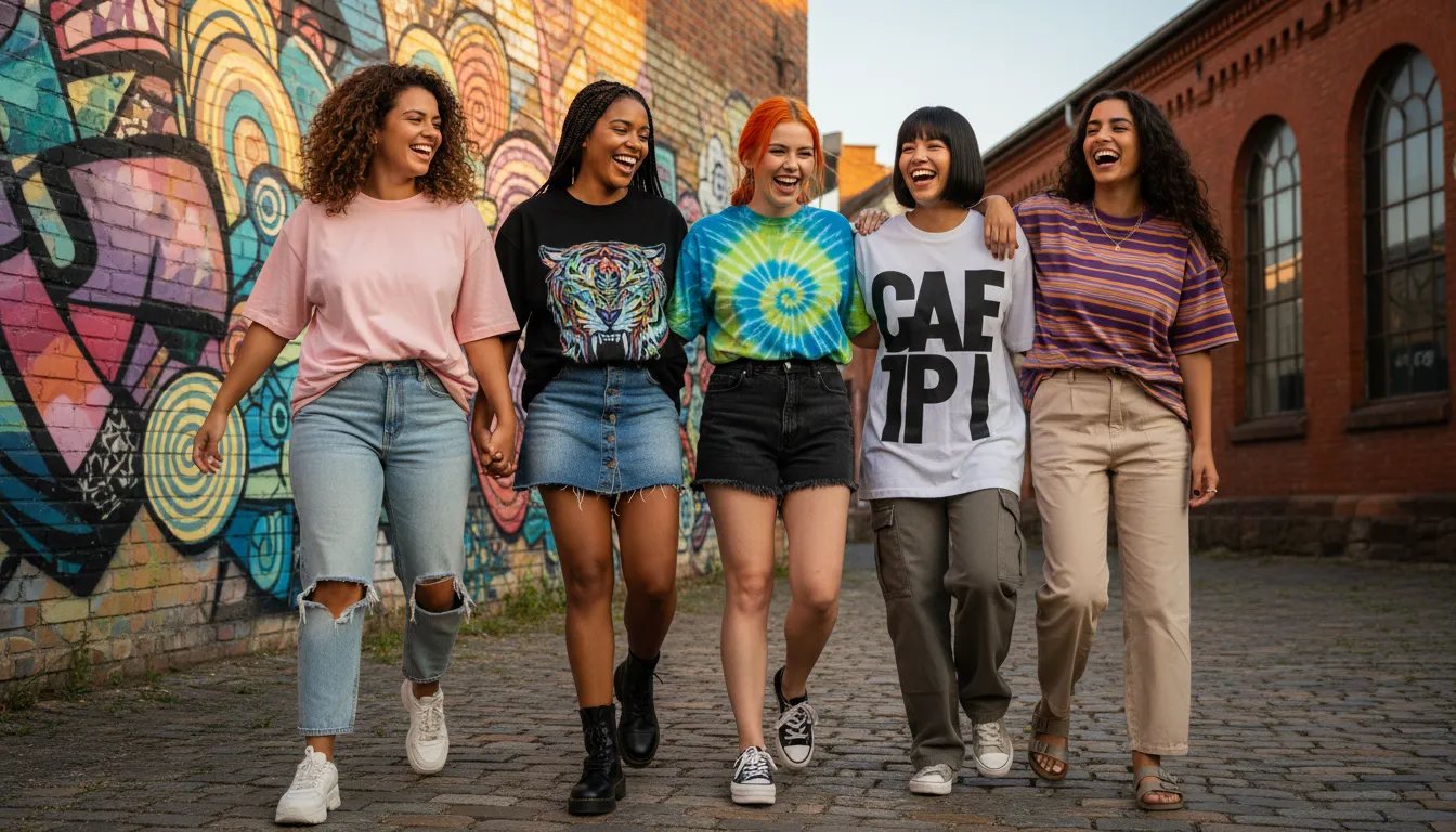 Grupo de amigas usando camisetas oversized feminina com diferentes estilos, como rosa pastel, estampada e tie-dye em cenário urbano vibrante.