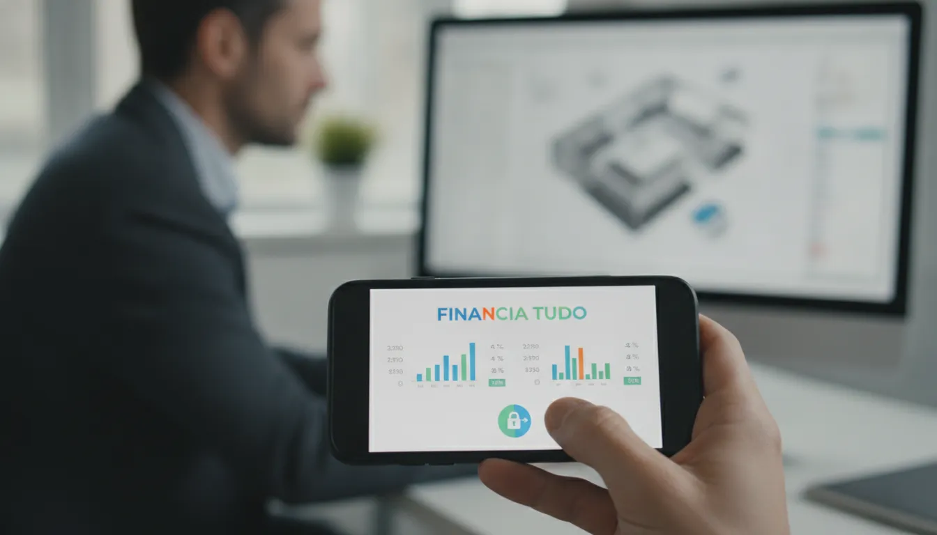Mão segura smartphone com app Financia Tudo, facilitando acesso a crédito para escritório de arquitetura.