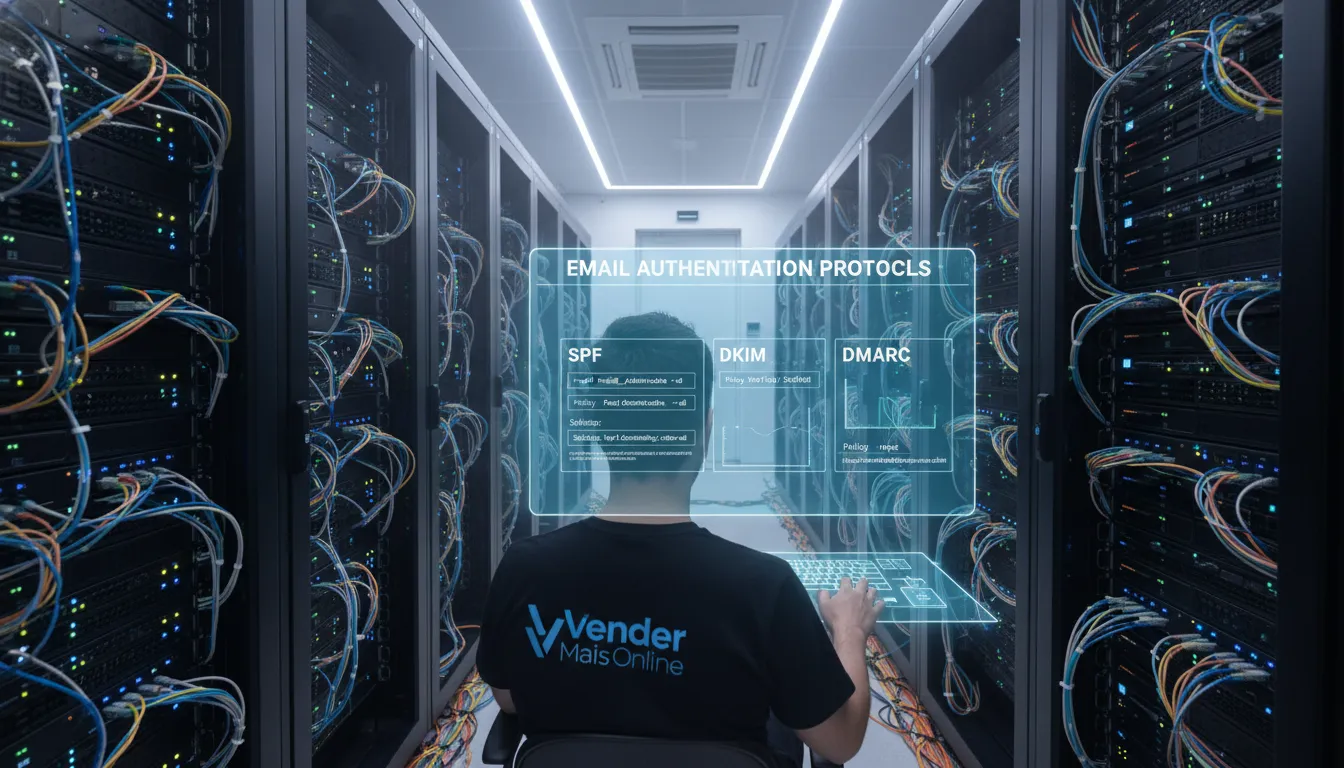 Um servidor com configurações de SPF, DKIM e DMARC sendo ajustadas. A imagem ilustra a importância das autenticações para a entregabilidade de cold email e evitar o spam.