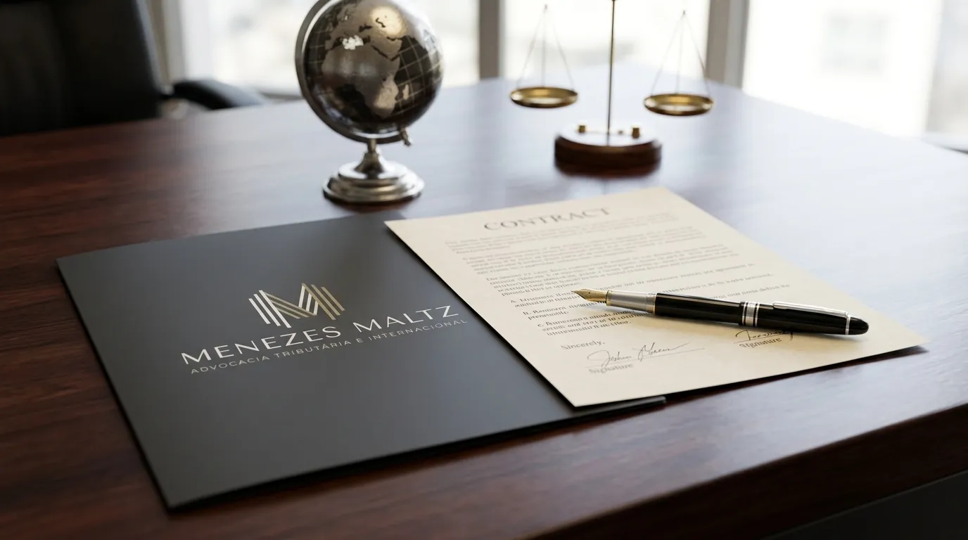Contrato assinado regulando trust internacional brasileiro sobre mesa de madeira escura.