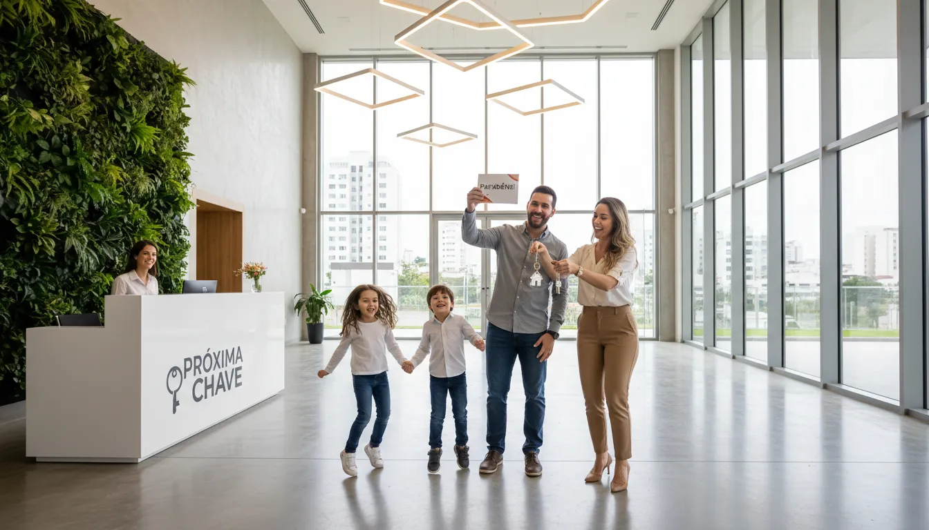 Família feliz recebendo as chaves do novo apartamento, simbolizando a pontualidade na entrega e a realização de um sonho com a Próxima Chave.