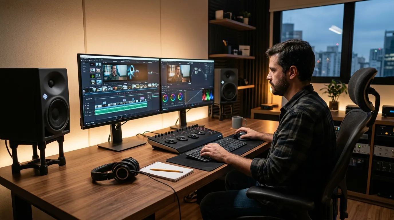 Ilha de edição moderna em produtora de video sao paulo equipada com monitores para tratamento de imagem.