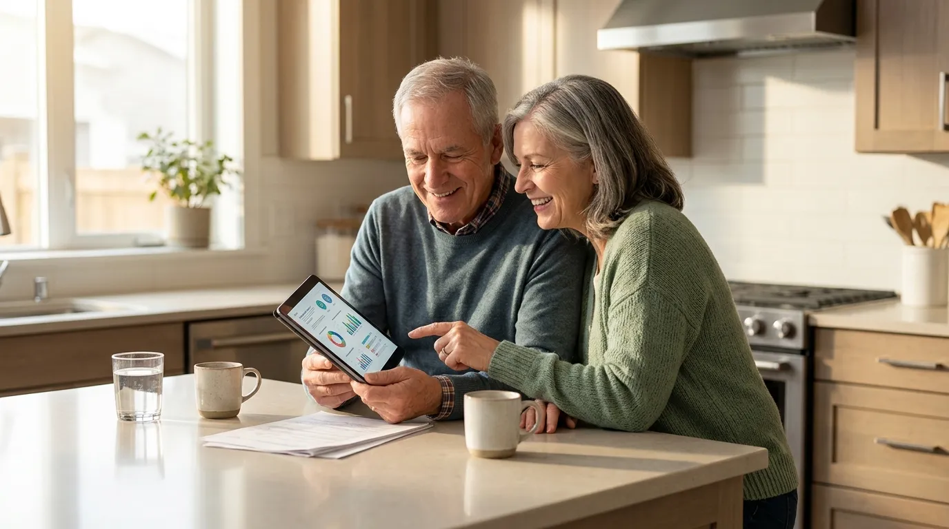 Casal planejando aposentadoria nos EUA com tablet.