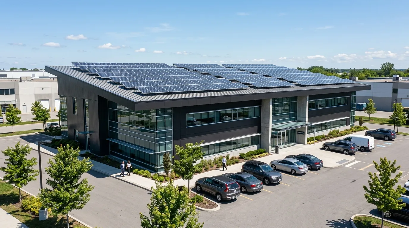 Predio comercial moderno destacando a viabilidade de economia energia solar para empresas de diversos setores.