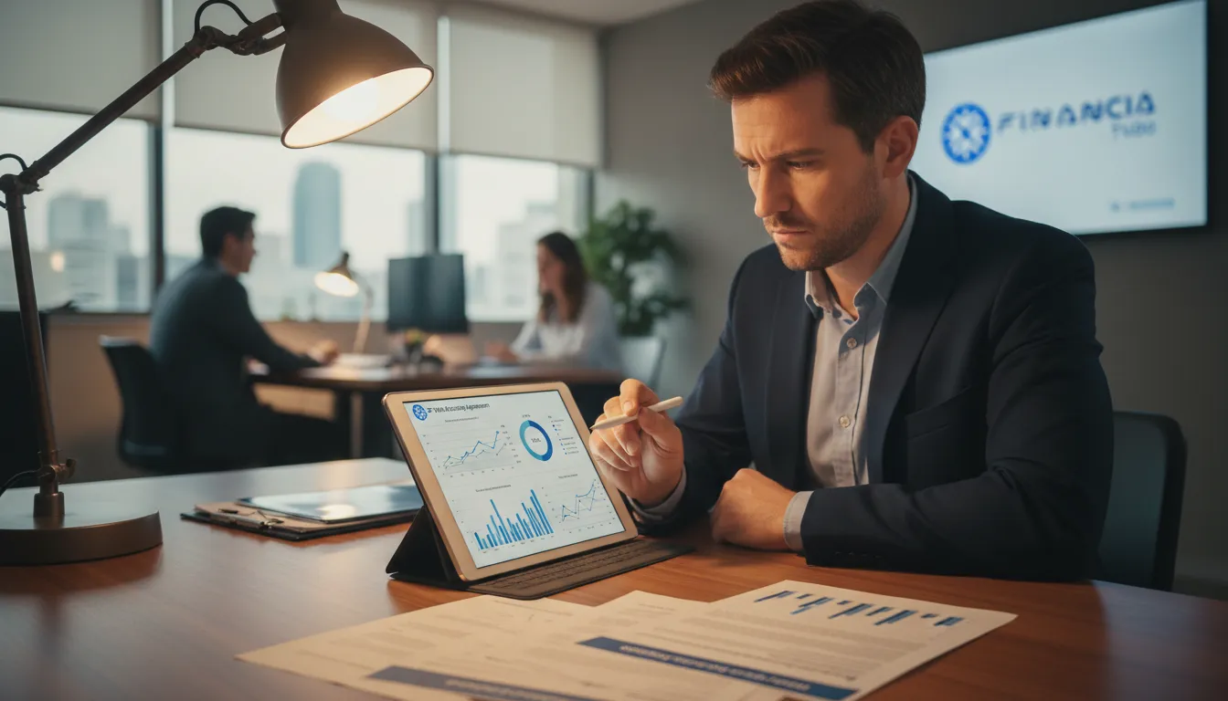 Empresário analisa documentos de financiamento de veículo para trabalho: com a Financia Tudo, o investimento vale a pena.