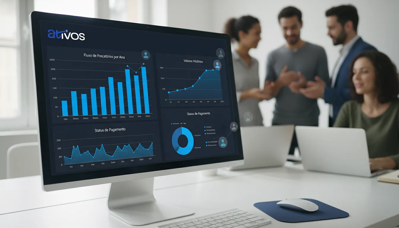 Dashboard da Ativos exibindo o fluxo de precatórios, com foco na tecnologia e análise de dados para a cessão de crédito.