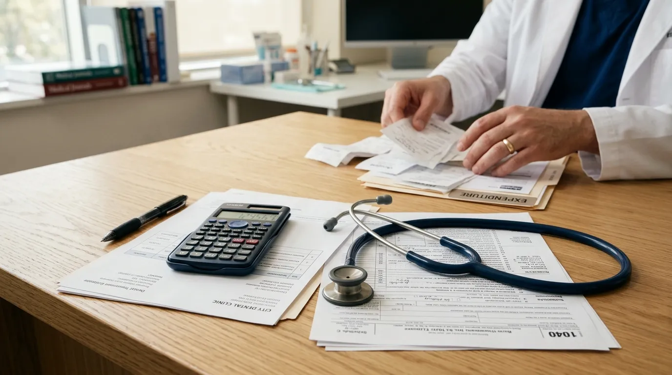 Documentos e calculadora organizados para declaração do imposto de renda dentista em mesa de consultório.