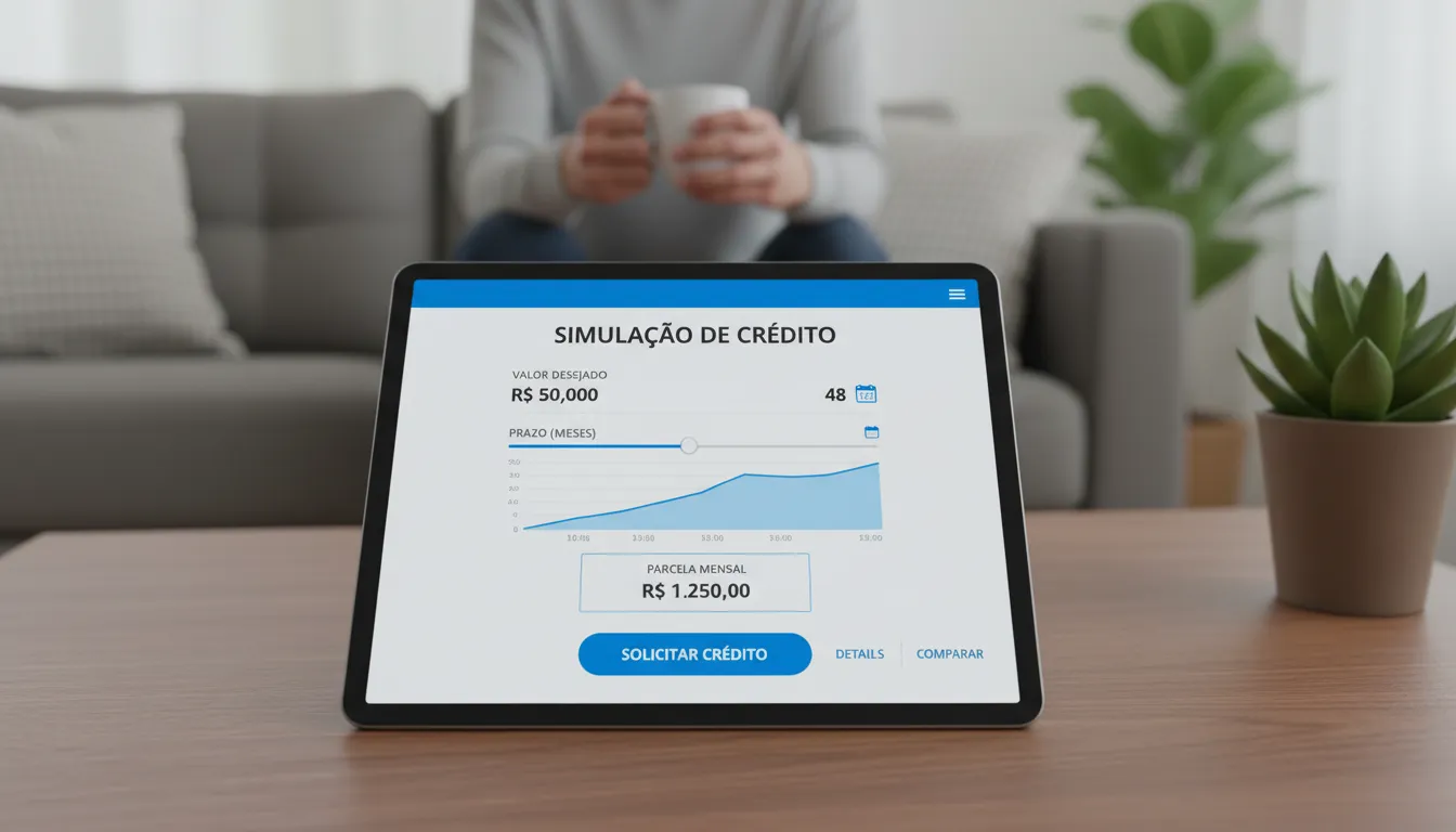 Tela de simulação de crédito no tablet destacando facilidade e transparência de plataformas digitais como a Financia Tudo.