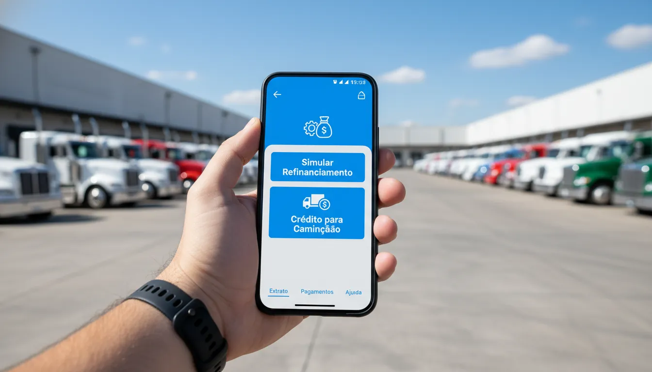Mão usando app em smartphone para simular refinanciamento caminhão empresa, com frota de caminhões ao fundo.